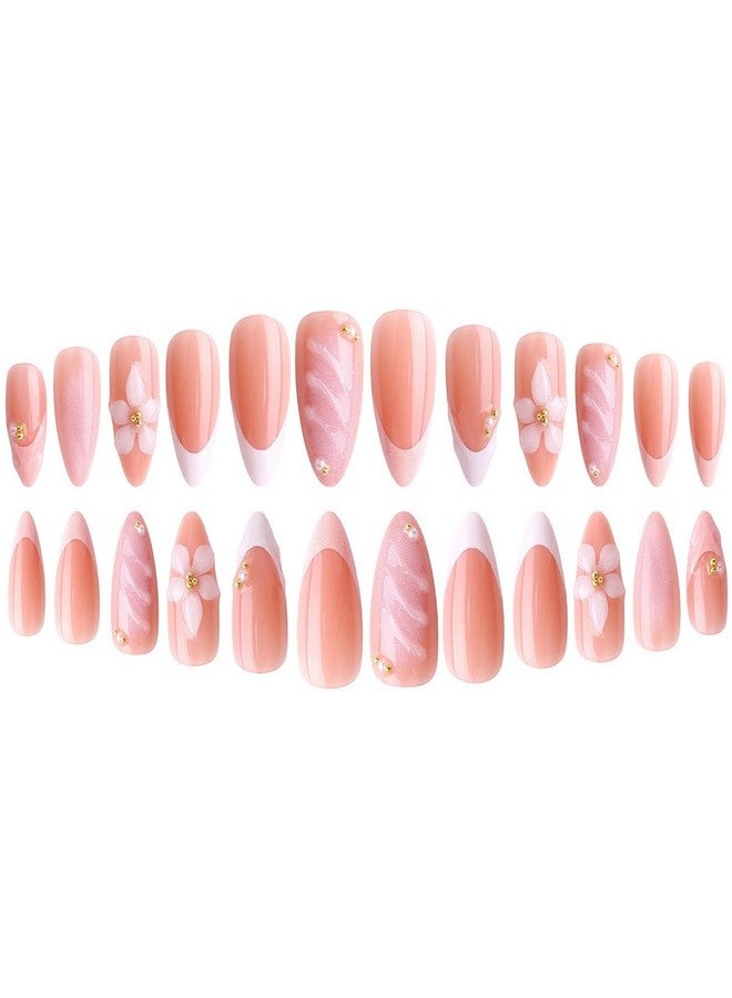 OCOUYVD 24 Pcs Flower Press on Nails Short Almond Reusable Fake Nails with 3D Pearl Design White French Tip Acrylic Nail Kit Glossy Full Cover False Nails Stick on Nail for Women Manicure Art Gifts - Image 5